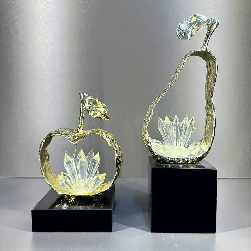Green Crystal Apple Sydney Pear Simulated Fruit Sculpture Handmade Crystal Ornaments Metal Figurine Home Decoration Accessories