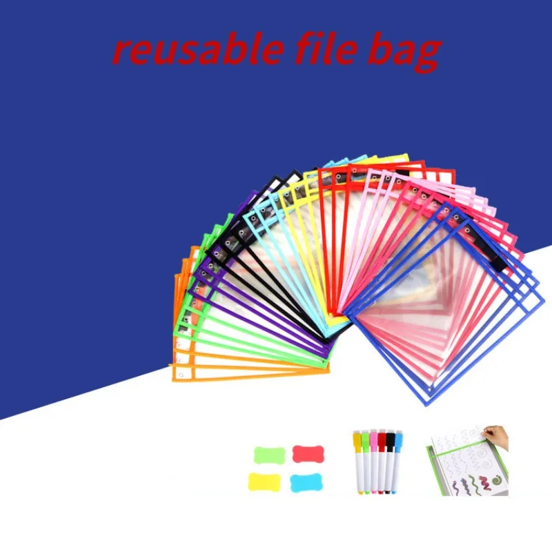 Waterproof Document Storage Pouch Reusable Dry Erasable File Bag Kids Transparent Diy Pockets Hanging File For Teaching Supplies