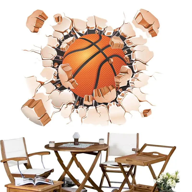 Basketball Wall Decal Sporat Ball Break Through The Wall Decal Basketball Billiard Football Wall Decor Self-Adhesive Sport Room