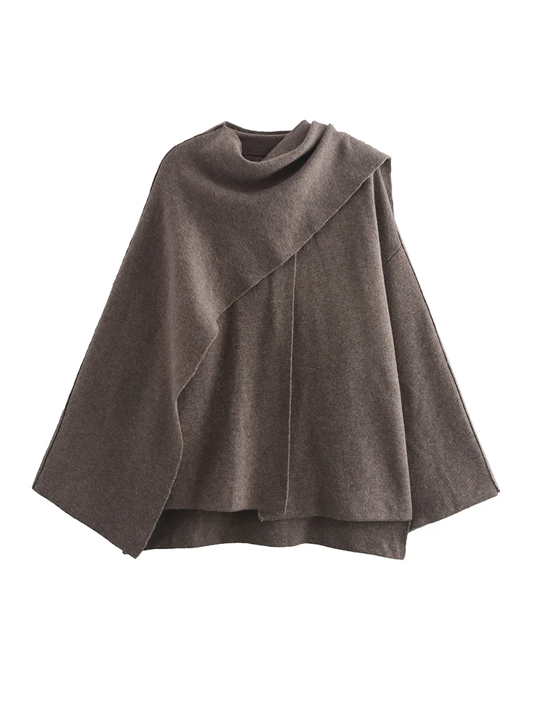 Oversize Women Brown Cape 2024 Autumn Fashion Ladies Chic Knitted Loose Pullovers Cloak for Female Chic Clothes Cute Top Sweet