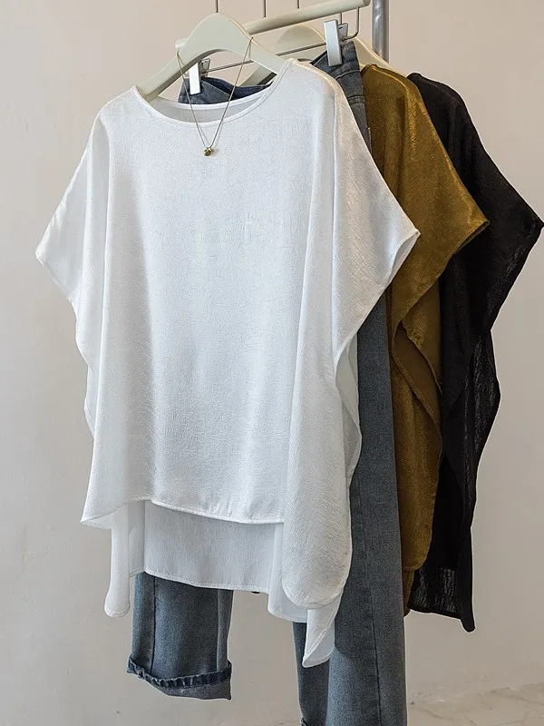 Ele Acetato Raso da donna irt Summer Faion Allentato Casual Texture asimmetrica Batwing Sve Top Pendolarismo Vintage Sle