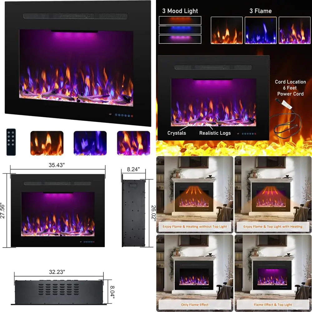 

3-Flame Electric Fireplace Insert with Top Light, Recessed Heater, Adjustable 750/1500W, Thermostat, Crackling Sound, and Logs