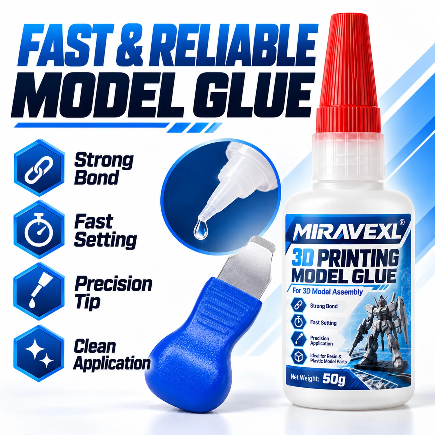 MIRAVEXL 3D Printing Model Kit: Glue 50g with 2 Trimming Scraper Tools, Fast-Setting Adhesive for Resin & Plastic Models