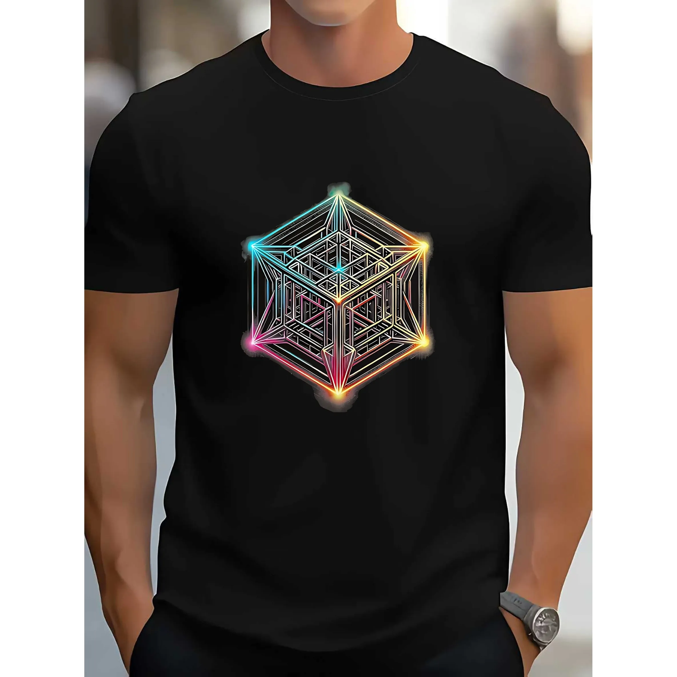 Neon Metatron's Cube Sacred Geometry Graphic Tee for Men 100% Cotton Casual Round Neck T-Shirt All Seasons