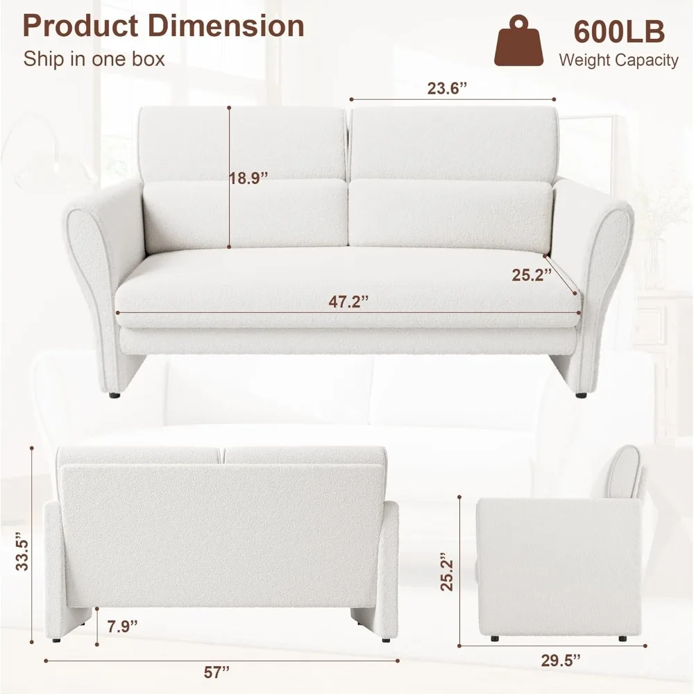 57inch Modern Loveseat Sofa, Small Couch with High Backrest and Removable Lumbar Pillows