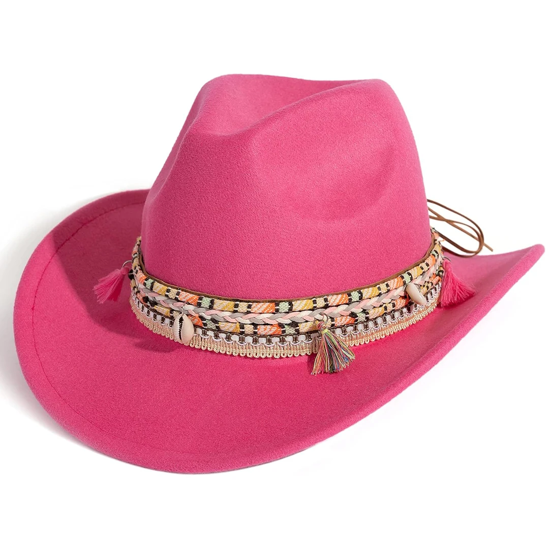 

Women Men Western Cowboy Cowgirl Hat Fedora Hat with Tassel Belt