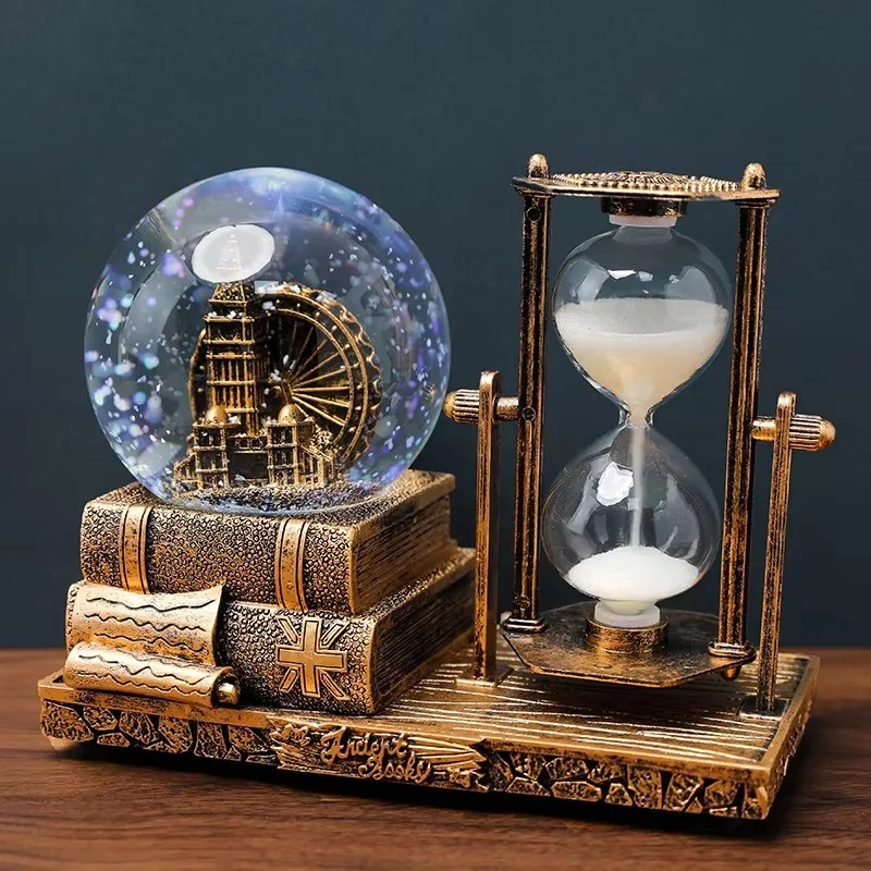 Time Crystal Ball Hourglass Antique Eiffel Tower Quicksand Luminous Snowball Crystal Ball Musical Box Desktop Decoration Gift