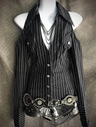 Slim Fit Vintage Black Stripe Shirt Women's Original Design High Quality Fashionable Waist Cinching Shoulder Baring Top
