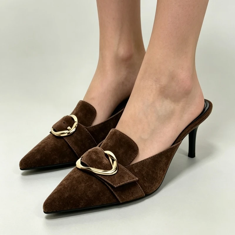 Suede Metal Buckle Brand Mules Women Backless Sandals Designer Stiletto Heel Dress Shoe Elegant Pointed Toe Slide Women Slippers