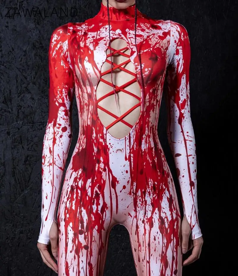 

Halloween Horror Bloodstain Cosplay Costume Women Sexy Hollow Out Jumpsuit Punk Print Bodysuit Carnival Stage Performance Outfit