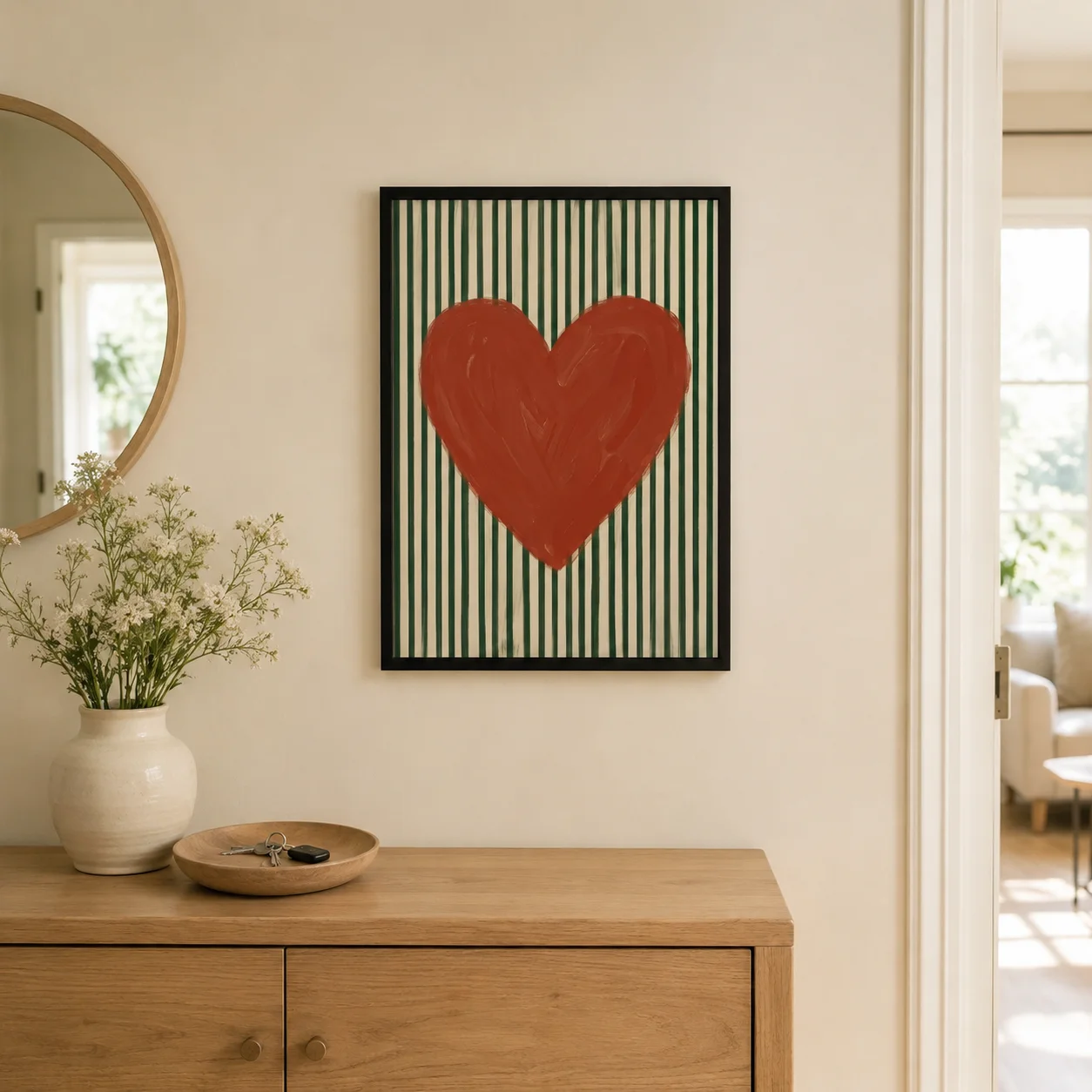 Red Heart Poster - Retro Striped Wall Art,Canvas Wall Print， High‑Grade Home Decoration Artwork for Bedroom, Living Room, Office