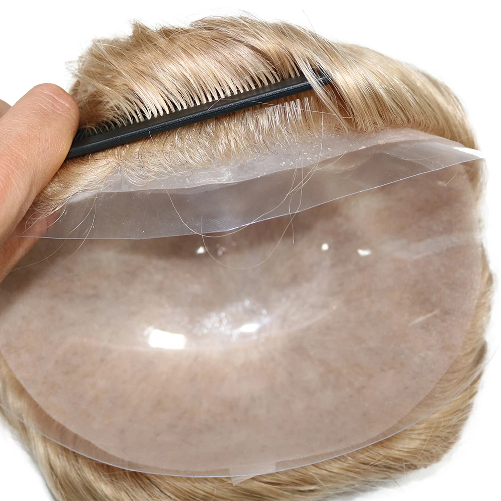 Men Capillary Prosthesis Human Hair Men's Wigs V-Loop 0.06-0.08mm Microskin PU Toupee Hair System Replacement Hair Pieces