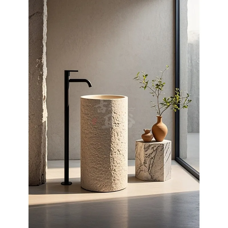 Wabi Sansan Beige Roman Travertine Marble Artificial Floor-to-Floor Washbasin