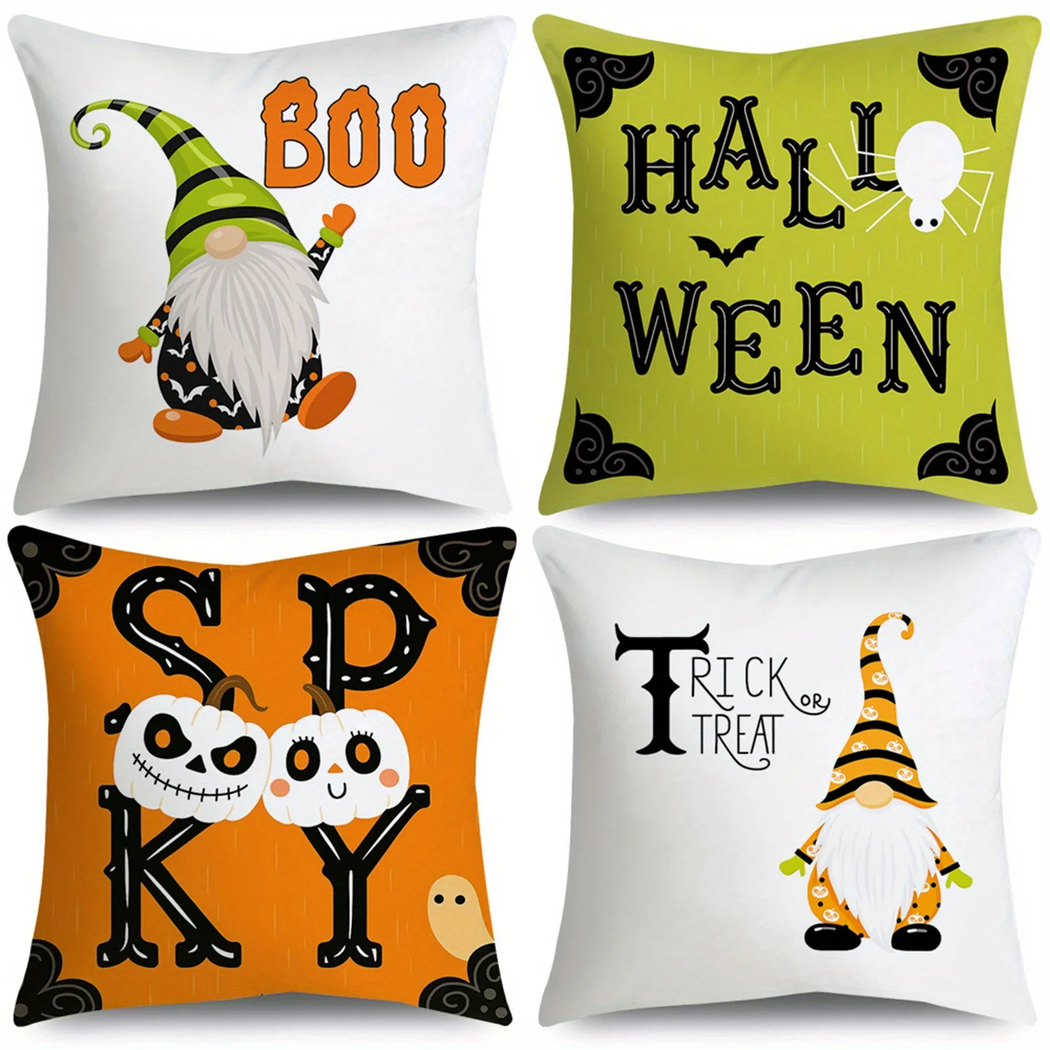 4pcs Trick Or Treat Halloween Throw Pillow Covers Green Hat Dwarf White Spider Pumpkin Farmhouse Halloween Decorative