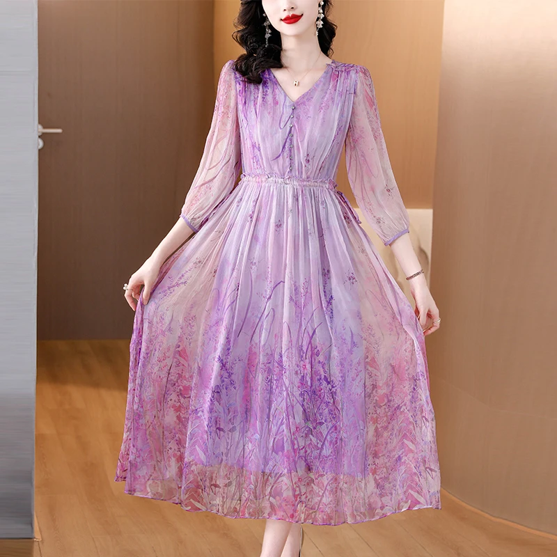 Summer Floral Natural Silk V-Neck Midi Dress Women Boho Fashion Light Beach Sundress 2024 Korean Elegant Bodycon Casual Dresses