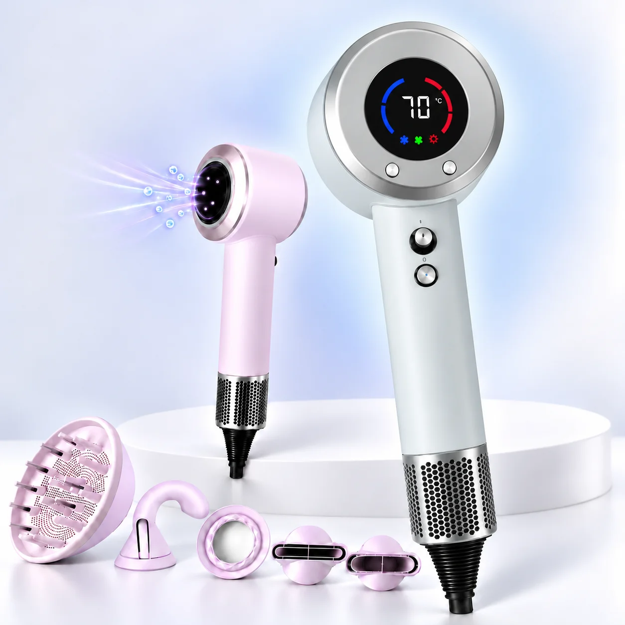 High-Speed Ionic Hair Dryer with LCD Display and Brushless Motor for Fast Drying, 500M Negative Ions and 4 Nozzles with Diffuser