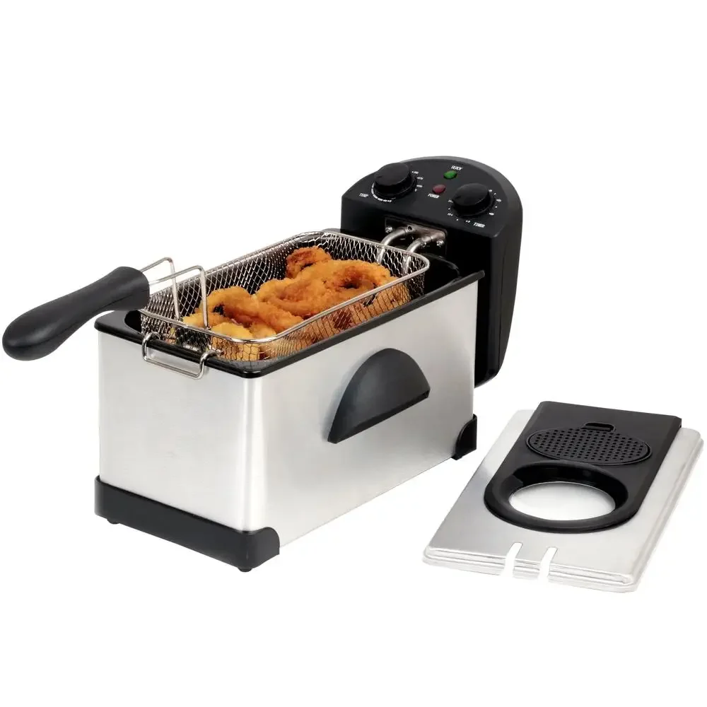 Stainless Steel Electric Deep Fryer with Timer Non-Stick Tank Basket Drain Support Window Removable Filter Adjustable Thermostat