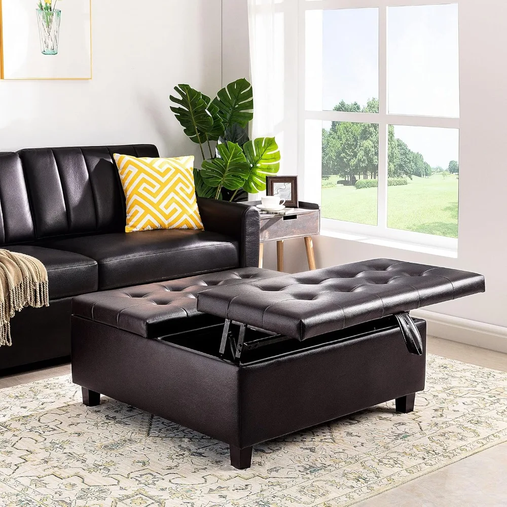 

35" Air Leather Tufted Ottoman Bench with Lift-Top Storage, Large Square Coffee Table for Living Room and Toy Storage