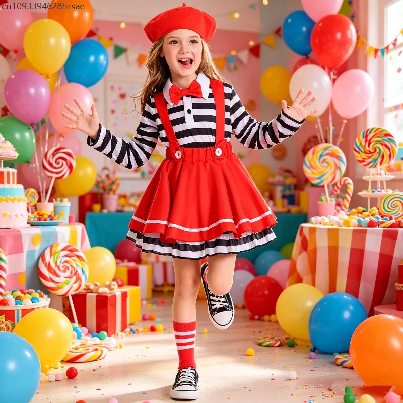 Overol rojo para niña con camisa a rayas blancas y negras, disfraz de princesa, disfraz de payaso para fiesta escolar, actuación en el escenario