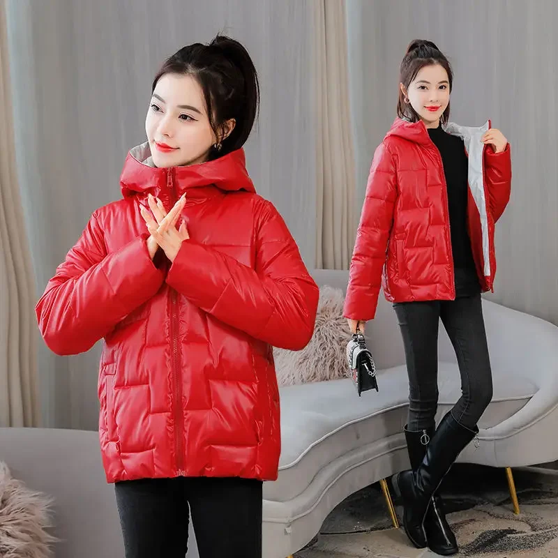 2024 Winter New Hooded Glossy Warm Thick Jacket Women Korean Down Cotton Parkas Snow Wear Coat Female Casual Loose Outwear R002