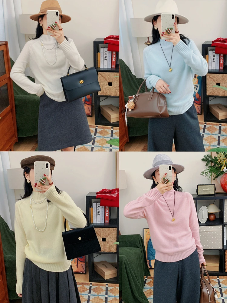 

100% шерстяной женский зимний свитер с длинным рукавом и высоким воротником, комфортный, теплый, термо-базовый слой, вязаный