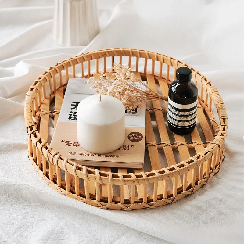 

Discount! Vattan Bathroom Circular Storage Tray Desktop Debris Basket Hand Woven Bread Vegetable Multi-functional Tea Tray