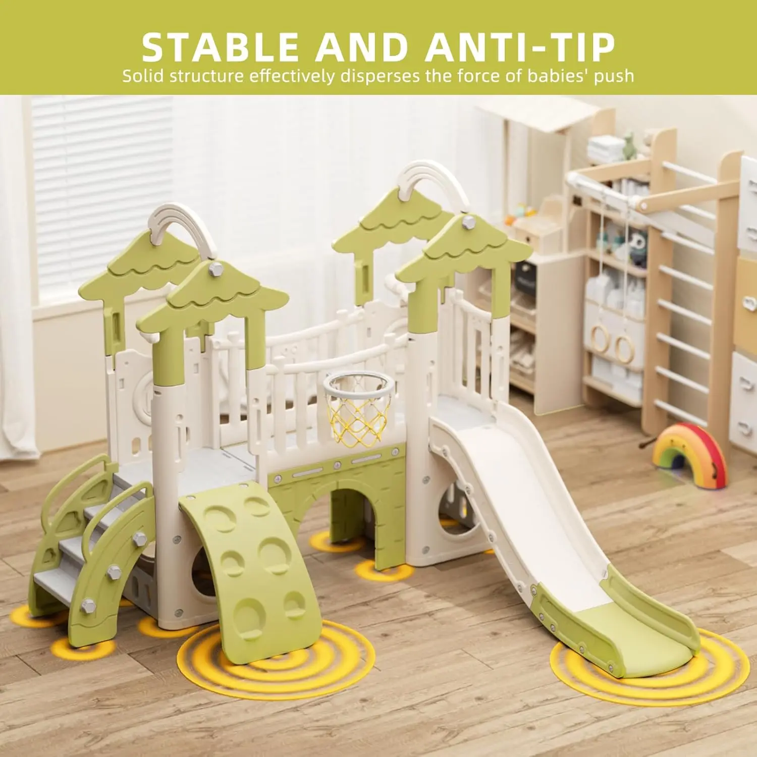 เด็กวัยหัดเดินสไลด์ 9 ใน 1 Jungle Slide Playset กลางแจ้งสําหรับเด็กวัยหัดเดินอายุ 1 + เด็กทารกสนามเด็กเล่นในร่มสําหรับ Backyards พร้อมปีนเขา Wa