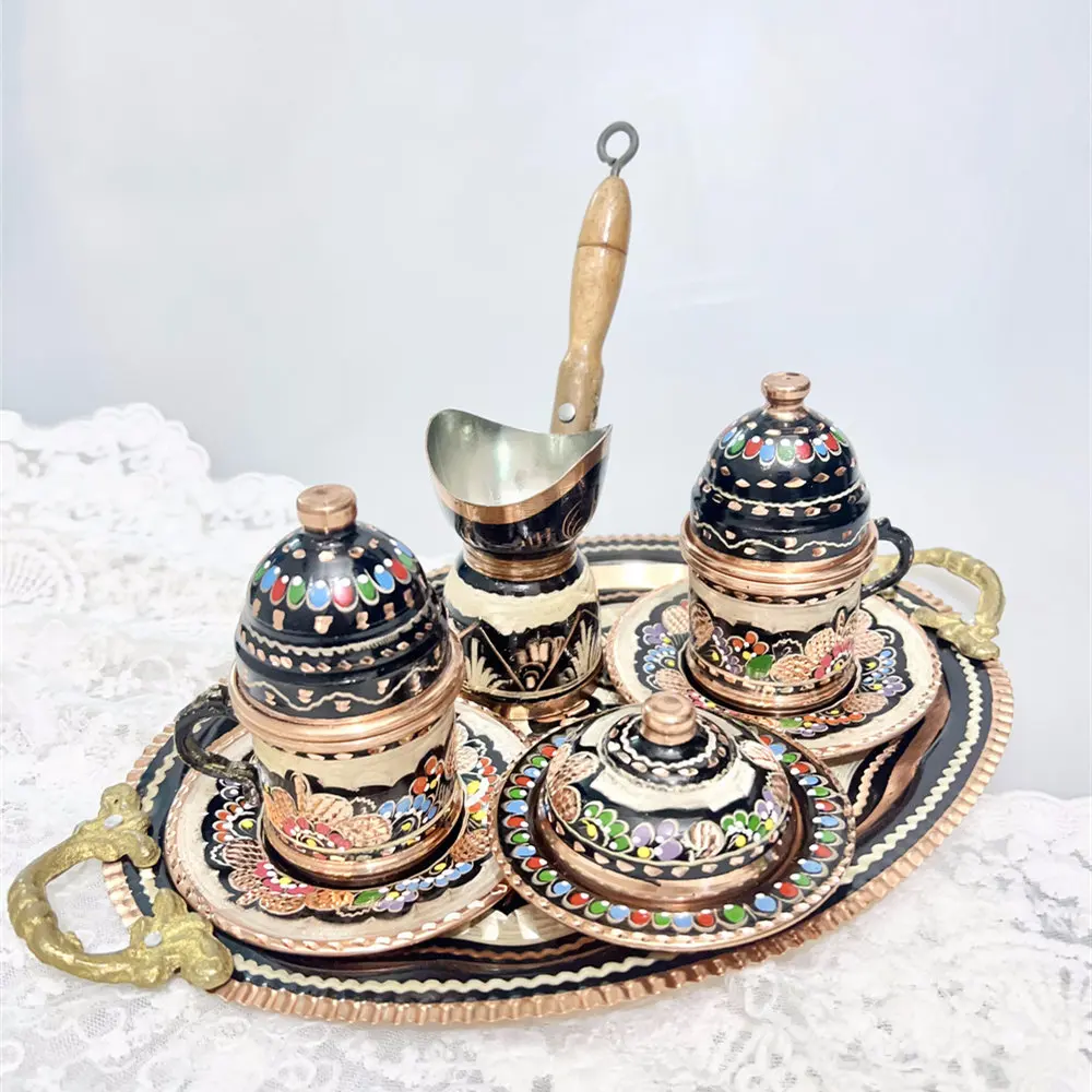 

Набор для кофе из чистой меди ручной работы: чашка, кофейник, поднос, в ретро-европейском стиле