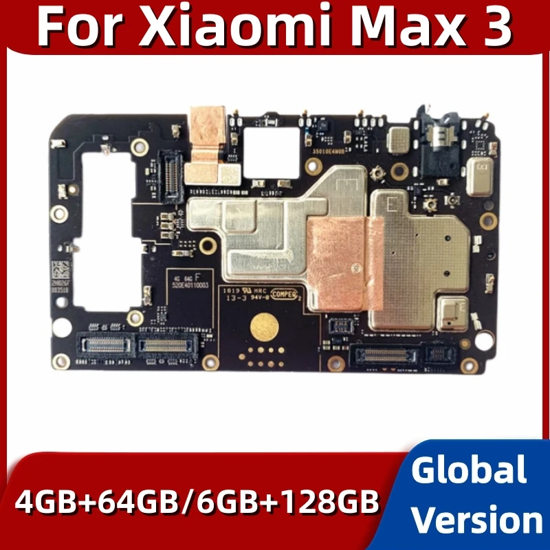 Xiaomi Mi Max 3 용 마더보드, 100% 오리지널 메인 PCB 모듈, 글로벌 버전, 64GB, 128GB ROM, 풀 칩 포함