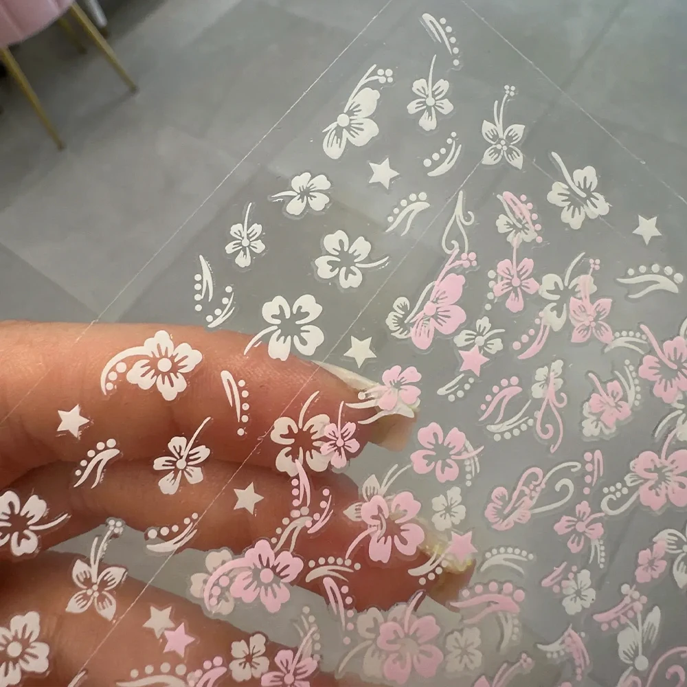 2 Lenzuola 3D Fiori di Ibisco Adesivo per unghie Rosa Bianco Y2k Autoadesiva Ibisco Floreale Unghie artistiche Forniture Decalcomania Manicure FAI DA TE Decor
