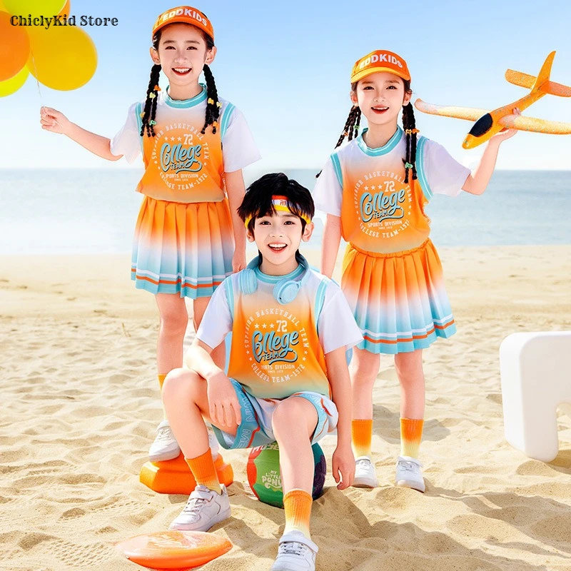 Boys Contrast T-shirt Shorts Girls Pleated Skirts Kids Summer Students School Uniforms Children Cheerleader Dance Clothes Sets