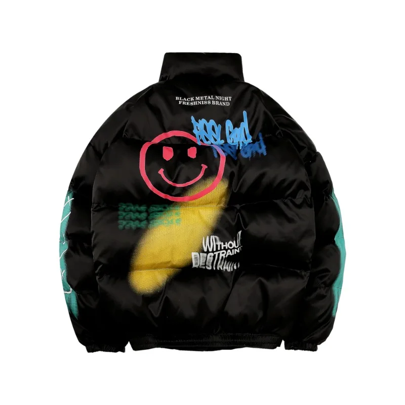 Parkas cálidas de Hip Hop para hombre y mujer, chaqueta acolchada gruesa Estilo Vintage con Graffiti feliz, ropa de calle Harajuku, abrigos de invierno, 2023