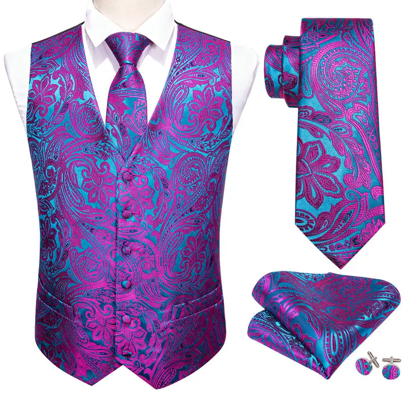 Mens Vest Dress Purple Paisley Solid Slim Waistcoat Suit Tie Hanky Cufflinks Formal Business Sleeveless Jacket view 2