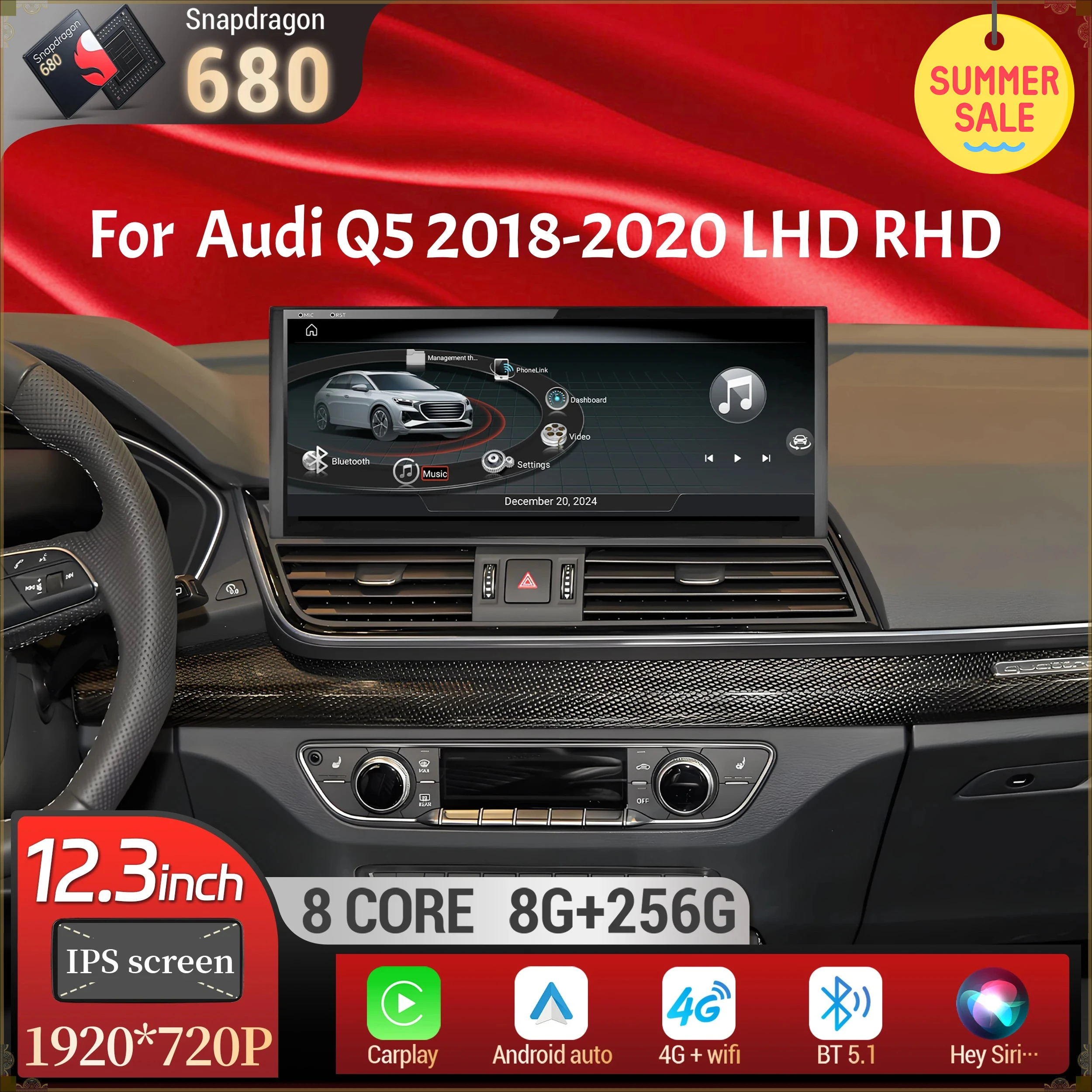 

12.3 inch Android 13 Car Radio Wireless BT Carplay Qualcomm Snapdragon 680 System Head Unit Touch Screen For Audi Q5 2018-2020