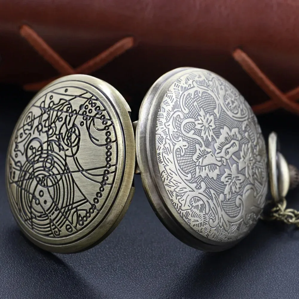 청동 기하학 라인 패턴 석영 주머니 시계 체인 남성과 여성 레트로 매력 Steampunk 펜던트 목걸이 시계