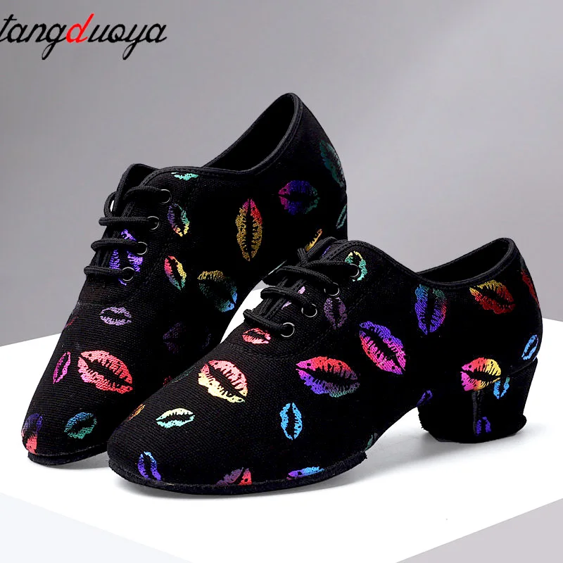 Cao Gót Giày Khiêu Vũ Sneakers Nữ Phòng Khiêu Vũ Nhảy Latin Giày Người Phụ Nữ Đen Đỏ Gần Mũi Nhảy Múa Cho Nữ Môi in Hình