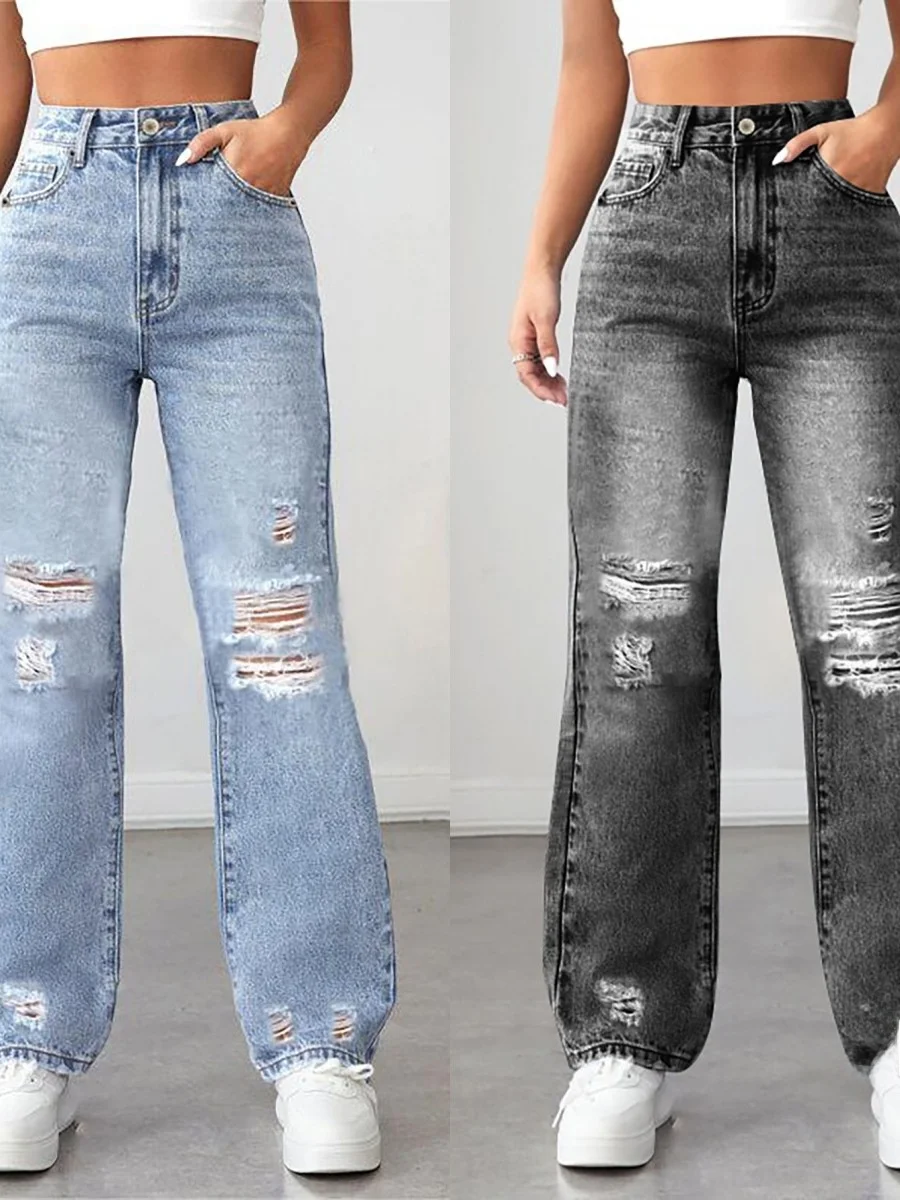 

Рваные джинсовые широкие брюки, женские повседневные джинсы, однотонный дизайн Ele Sle, осенний сезон, прямой крой