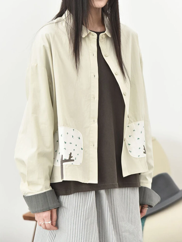 Women Blue Pattern Patch Spliced Big Size Blouse New Lapel Long Sleeve Shirt Fashion Tide Spring Autumn