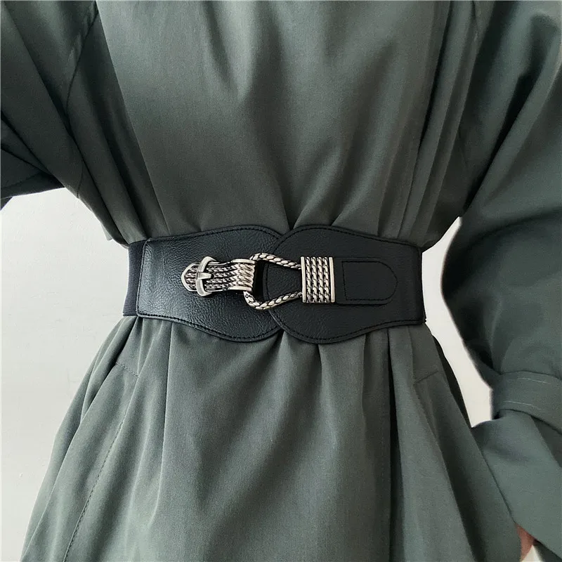 Luxury Cummerbunds vintage large fake pin buckle Decorative Wide Belt Dresses cummerbund wide Jacket Skirt Elastic Girdle Women