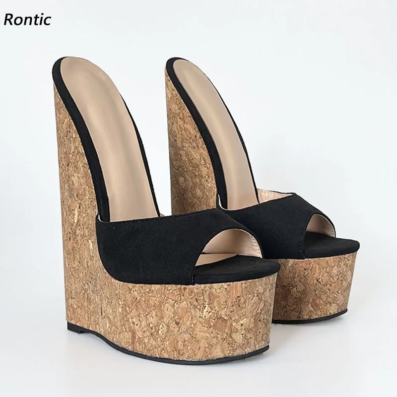 Rontic Handmade Women Summer Platform Slingback Sandals Wedges High Heels Peep Toe Black Casual Shoes Ladies US Plus Size 4-15