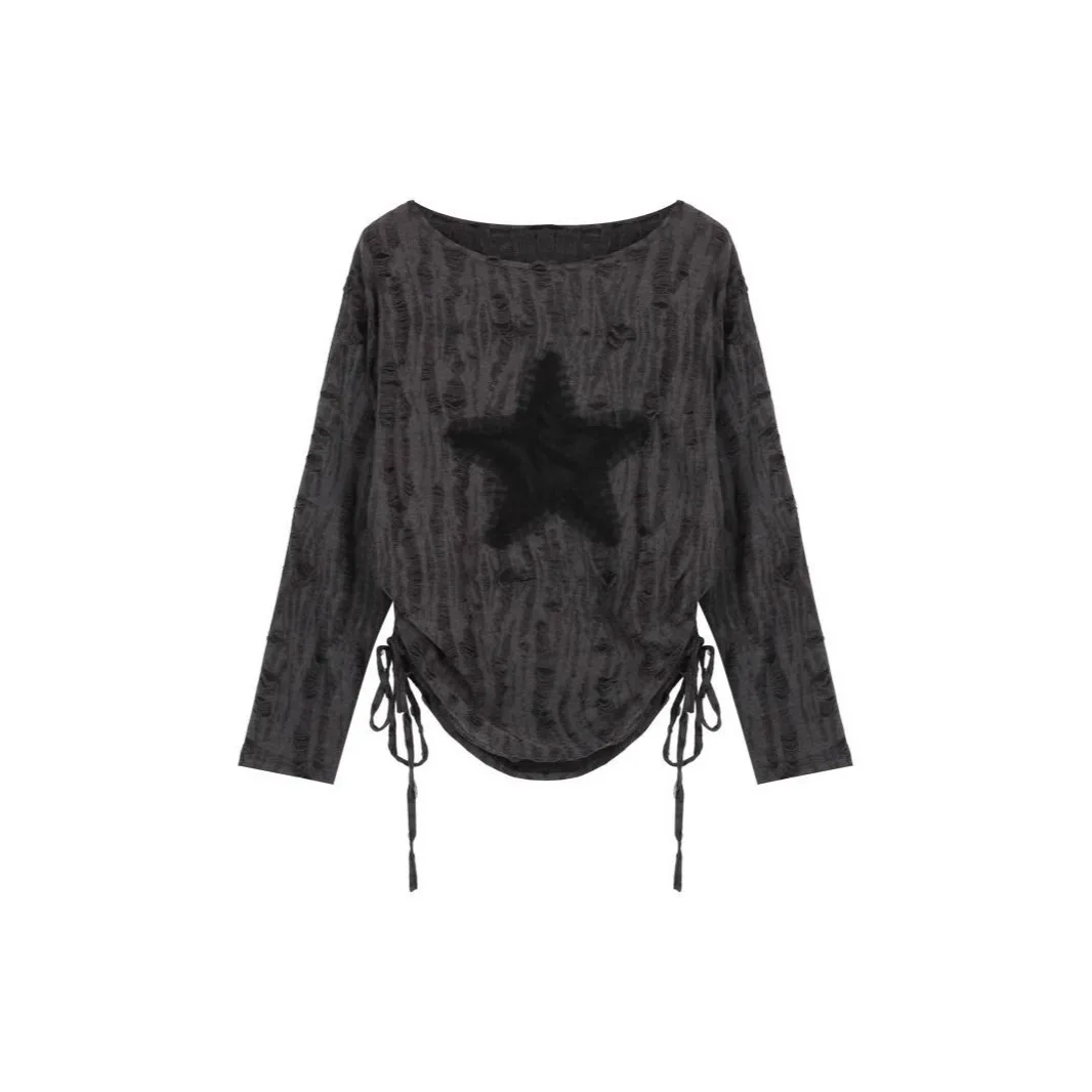 Design Feeling of Holes, Sunscreen, Off-the-shoulder Long Sleeve T-shirt, Women's Loose Drawstring Strap Top