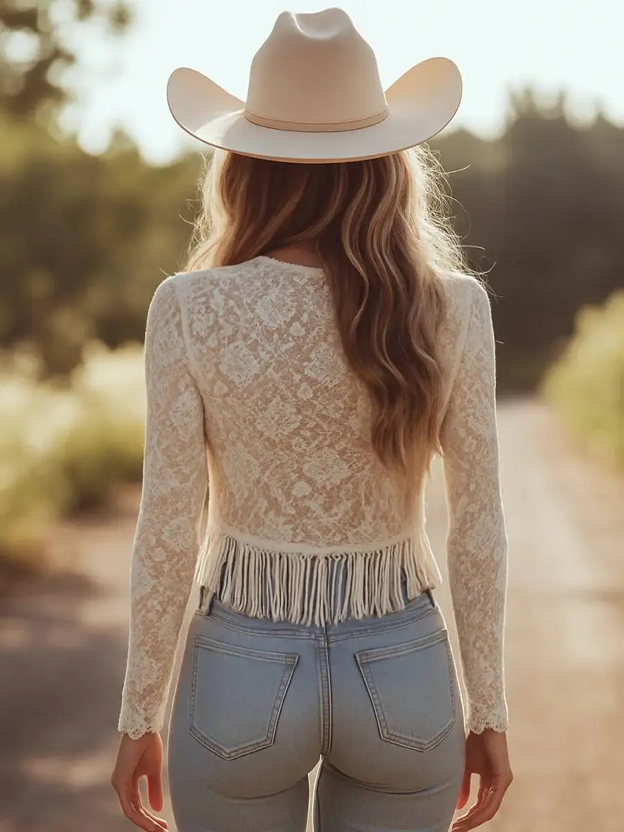 Retro Fashion V Neck Tops Women Long Sleeve Tassel Lace Hollow Out Perspective Shirts Spring Summer Chic Y2K Clothing Party Wear