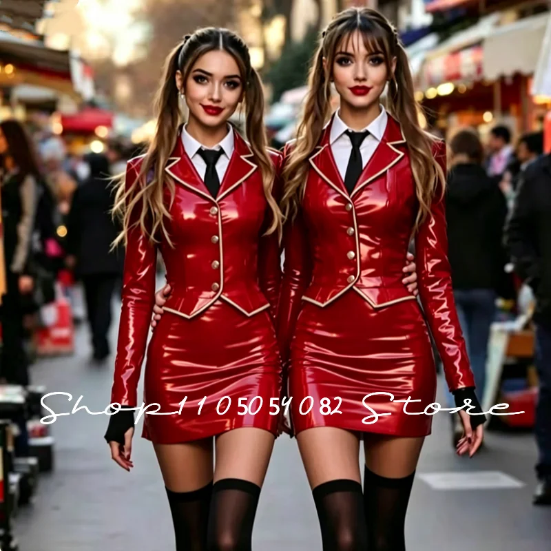 Maßgeschneidertes Funkelndes Abendkleid Rotes Set PVC Mini Langärmeliges V-Ausschnitt Jackenkleid Geburtstagskleid für Besondere Anlässe Abendgarderobe