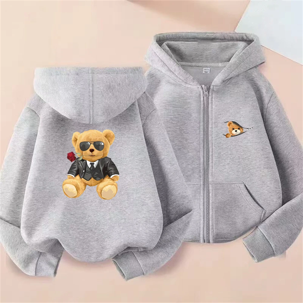 سترة سوداء للأطفال بسحاب مع قلنسوة للأولاد ملابس علوية للفتيات باللون الأرجواني الدب الصغير مطبوعة لعمر 3-12 معطف للأطفال ملابس فضفاضة #2