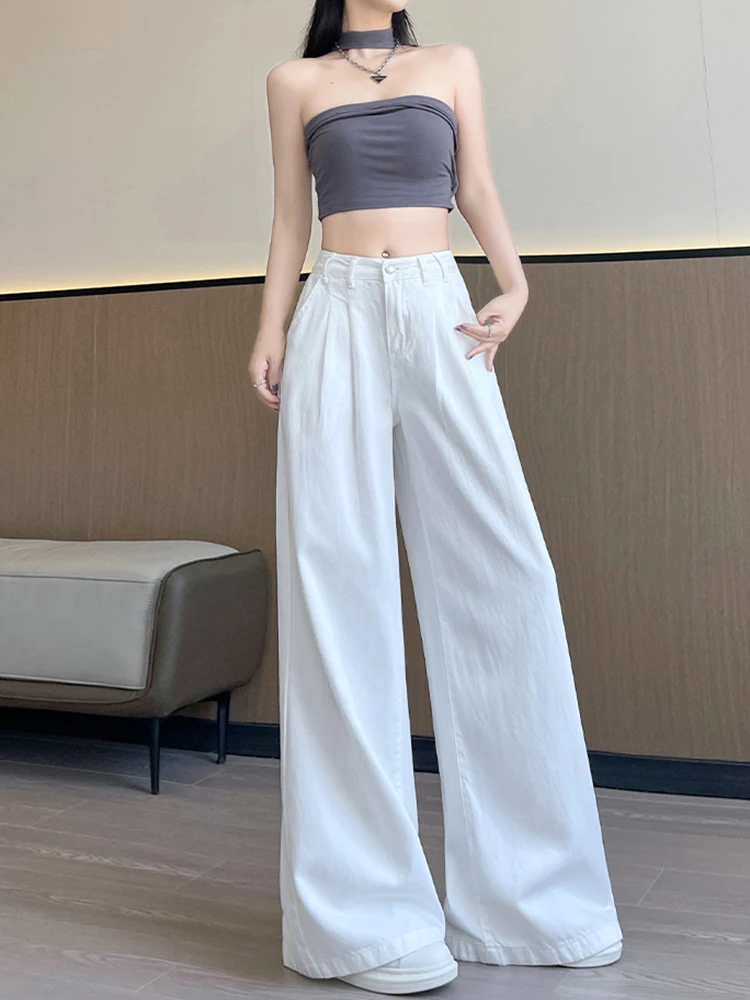 White Wide Leg Jeans Women Summer Pure Cotton Loose Casual Preppy Denim Pants High Waist Student Baggy Fashion Female Trouser