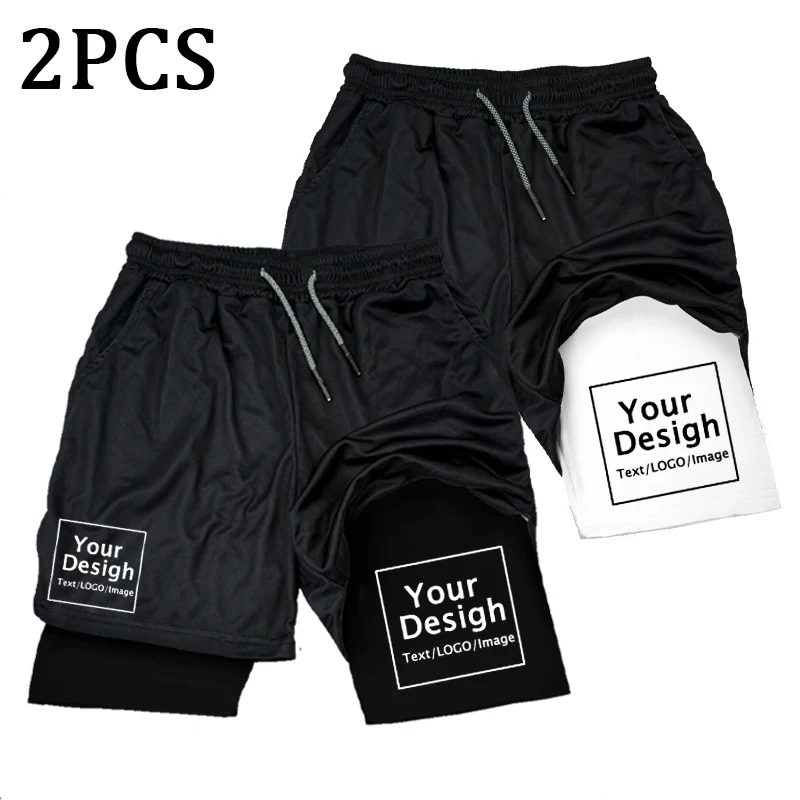 Your Own Logo Custom Running Shorts Men\'s 2 In 1 Sports Shorts Gym Quick Dry Workout Double Layer Short Pants Beach Shorts 2pcs