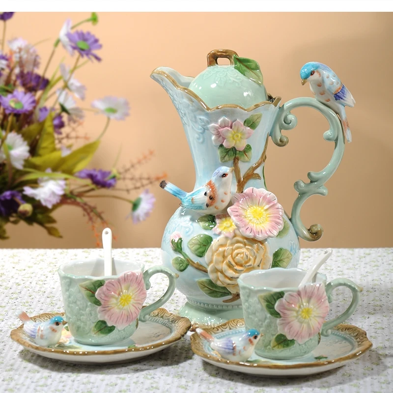 Ceramic Flowers and birds 1 Pot 2 Cups Tea Set British Luxury Home Black Coffee Utensils To Give A Friend