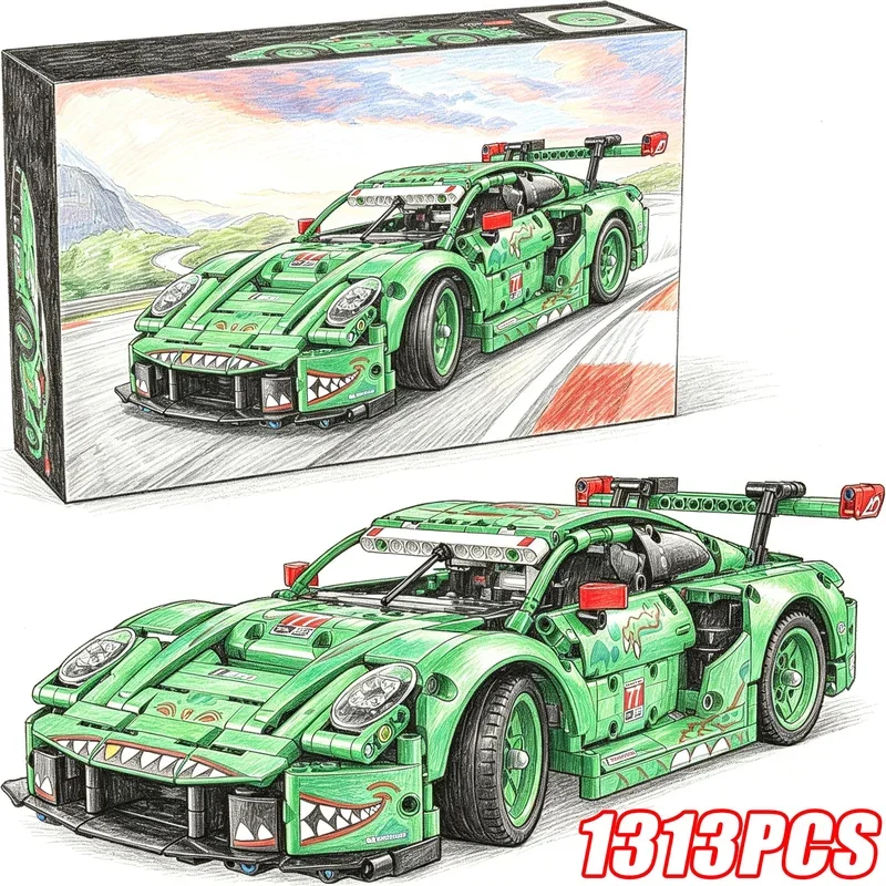 1313pcs-technical-1-8-scale-gt3-green-dinosaur-racing-car-mechanical-group-kit-moc-collectible-assembly-car-model-birthday-gift