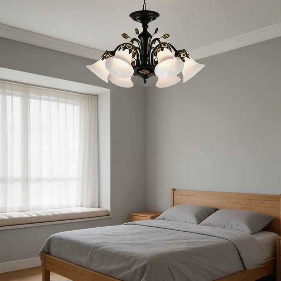 American-style chandelier, 3-speed dimmable chandelier, matte black and white glass, suitable for bedrooms or living rooms
