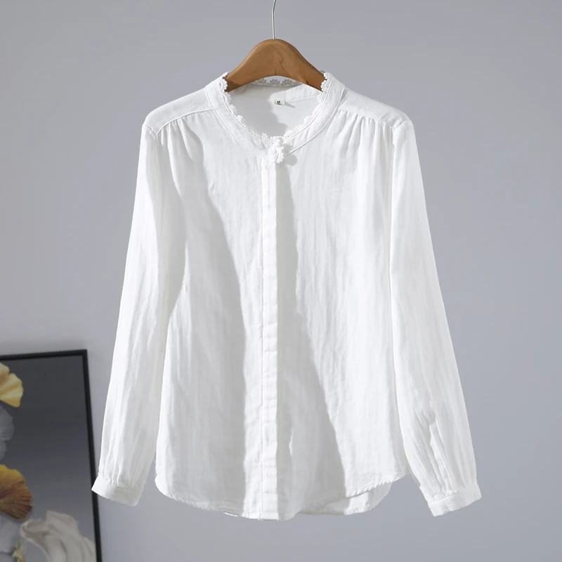 New Spring And Autumn Lace Stand-up Collar Cotton Tops Women Clothing Long-sleeved Solid Color Female Shirts & Blouses U111